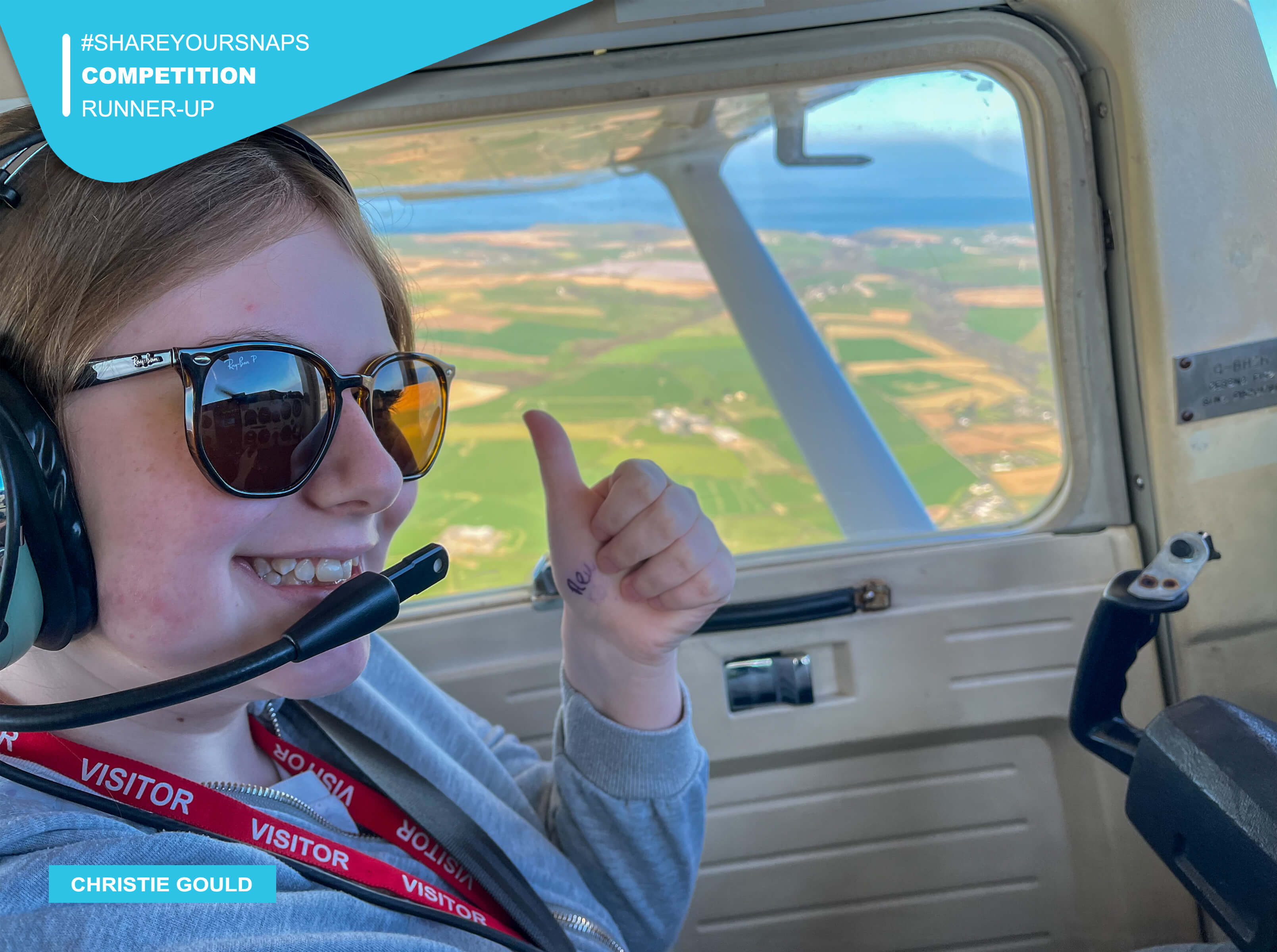 #ShareYourSnaps Winner: Christie Gould - #ShareYourSnaps April 2025 Runner-Up: Christie Gould - in-flight selfie in a Cessna 152 with a thumbs up